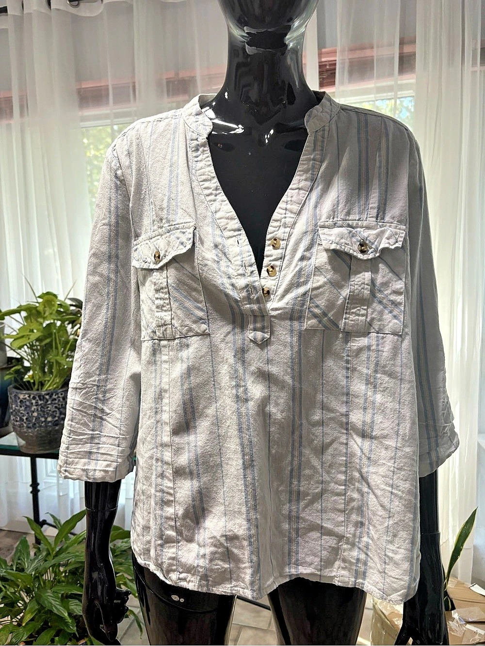 Eden & Olivia Striped Cotton Tunic in White & Blue Size Large